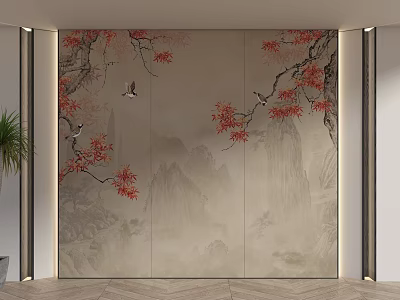 Chinese Style Sofa Background Wall With Red Maple Birds And Landscape 3d model