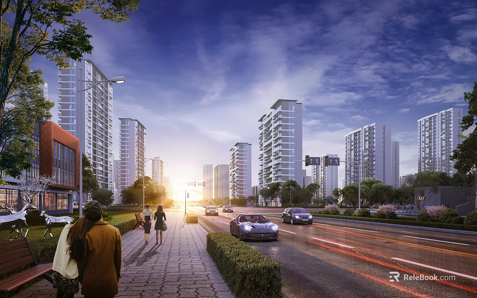 Modern High Rise Residential Buildings With Street Pedestrians Vehicles And Greenery At Sunset 3d model 