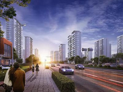 Modern High Rise Residential Buildings With Street Pedestrians Vehicles And Greenery At Sunset 3d model