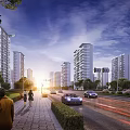 Modern High Rise Residential Buildings With Street Pedestrians Vehicles And Greenery At Sunset