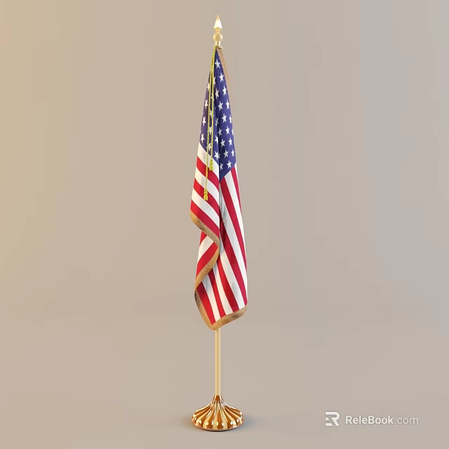 Waving American Flag With Red White Blue Stripes And White Stars On Golden Pole 3d model 