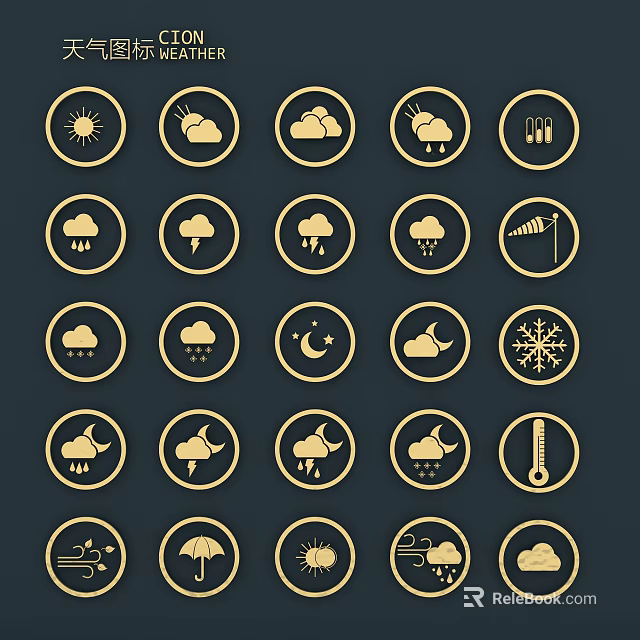 Decorative Wall Decor With Various Round Golden Weather Icons And Symbols 3d model 