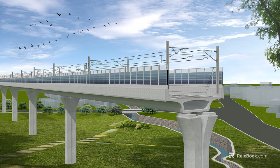 Modern Bridge With High Piers Railings Green Grass Stream Birds Blue Sky And White Clouds 3d model 