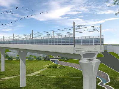 Modern Bridge With High Piers Railings Green Grass Stream Birds Blue Sky And White Clouds 3d model