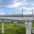 Modern Bridge With High Piers Railings Green Grass Stream Birds Blue Sky And White Clouds