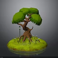 Cartoon Tree Scene Component with Green Canopy Brown Trunk Blue Mushrooms Lamp Post and Grass