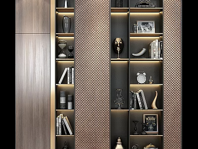 Elegant Modern Storage Cabinet With Textured Panels Books Decorative Vases And Photo Frames 3d model