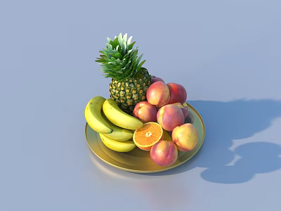Fresh Assorted Fruits on Golden Platter with Pineapple Bananas Peaches and Orange 3d model