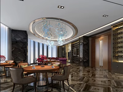 Elegant Clubhouse Interior With Round Dining Tables Chairs Crystal Chandelier Wine Racks And Marble Flooring 3d model