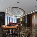Elegant Clubhouse Interior With Round Dining Tables Chairs Crystal Chandelier Wine Racks And Marble Flooring