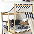 Wooden Bunk Bed With Slide Canopy Plaid Bedspread And Storage Drawers For Kids Room