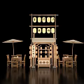 Japanese Street Food Stall With Wooden Structure Lanterns And Tables And Chairs