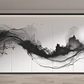 Modern Sofa Background Wall with Black White Ink Landscape Painting Lighted Frame and Red Flowers