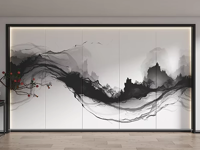 Modern Sofa Background Wall with Black White Ink Landscape Painting Lighted Frame and Red Flowers 3d model