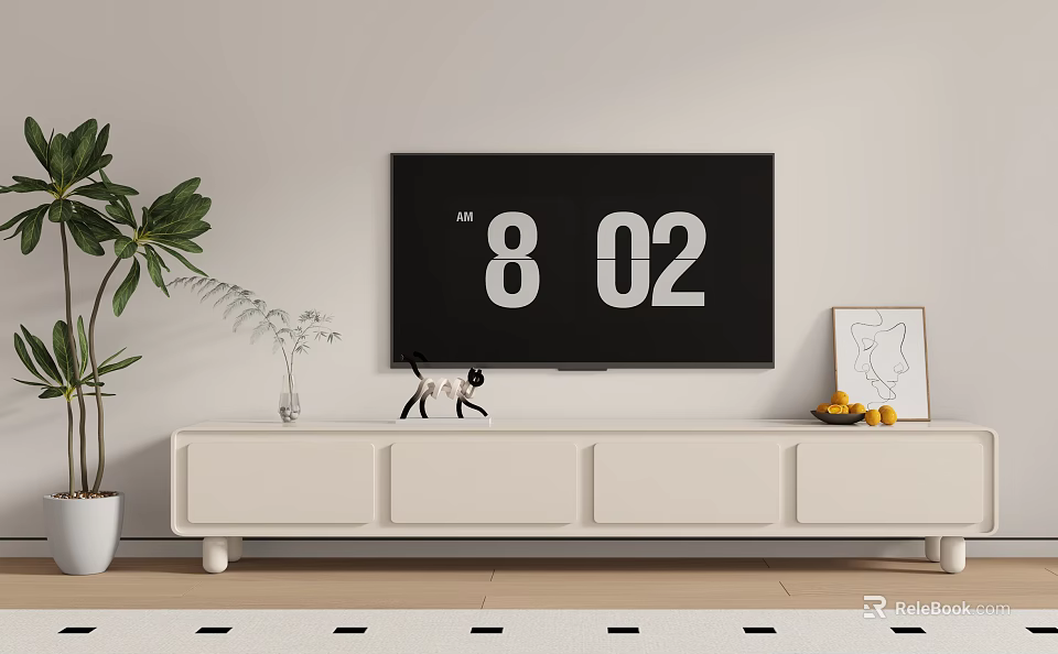 Modern White TV Stand With Decorative Vase Plants Fruit Tray And TV Screen 3d model 