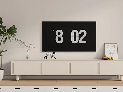 Modern White TV Stand With Decorative Vase Plants Fruit Tray And TV Screen 3d model