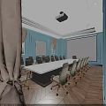 Modern Public Office Space With Glass Top Table Grey Rolling Chairs Bookshelves And Wooden Flooring