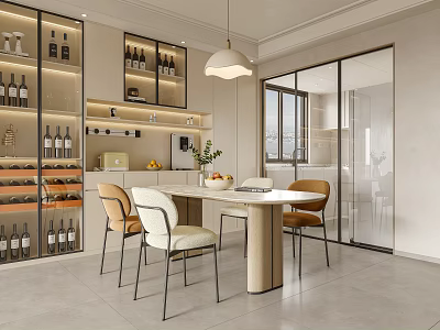 Modern Restaurant Interior Design With Wine Cabinet Dining Table Chairs And Pendant Light 3d model