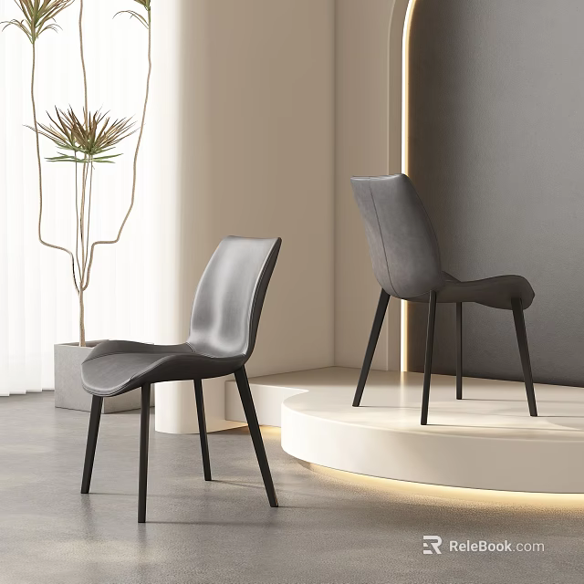Modern Gray Dining Chairs with Black Legs in Minimalist Interior White Vase Plant Gray Floor 3d model 