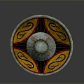 Traditional Shield Sculpture Featuring Intricate Carving Yellow Black Pattern And Red Curved Motifs