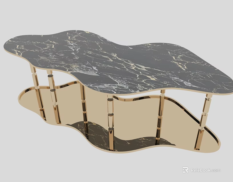 Unique Curved Modern Luxury Coffee Table With Black Marble Top And Gold Metal Frame 3d model 