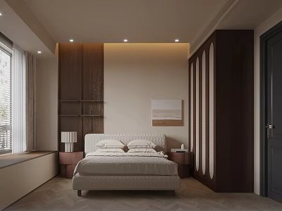 Cozy Modern Bedroom Interior With Upholstered Bed Wooden Accent Wall And Decorative Painting 3d model