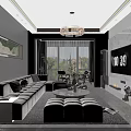 Modern Living Dining Room with Beige Sofa Coffee Table Crystal Chandelier and Marble TV Wall