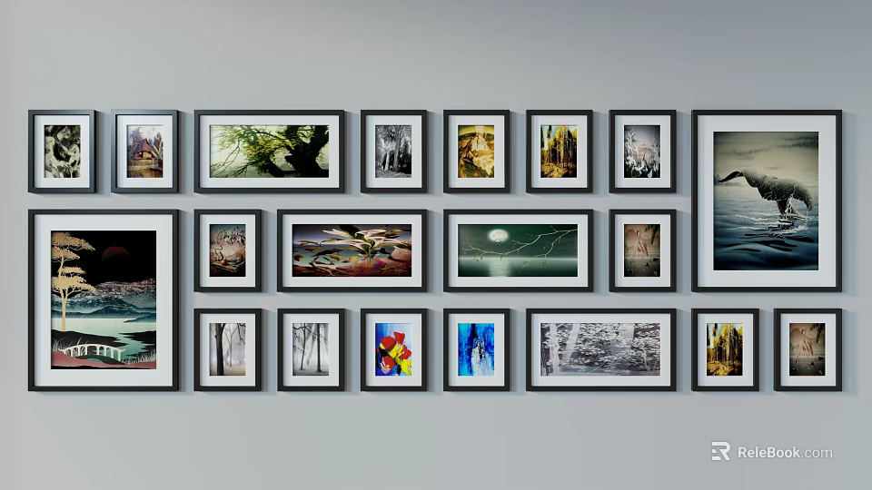 Creative Photo Wall Decor With Multiple Frames And Various Styled 3d model 
