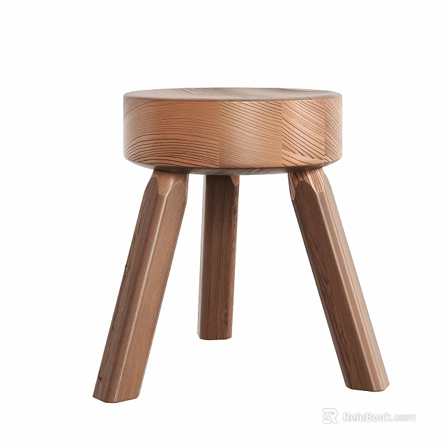 Simple Wooden Stool With Round Seat And Three Tapered Legs Design 3d model 