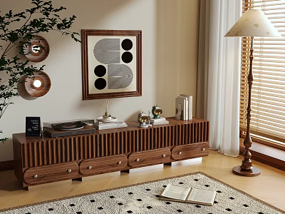 Wooden TV Stand With Drawers Record Player Decorative Painting And Floor Lamp In Living Room 3d model