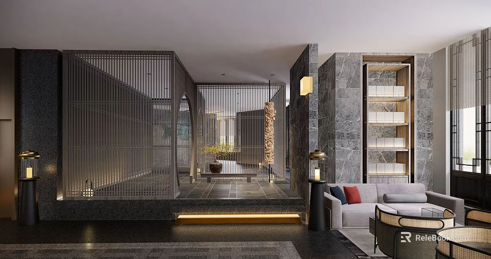 Elevator Hallway With Modern Design Metal Grille Marble Wall Warm Yellow Lighting And Green Plants 3d model 