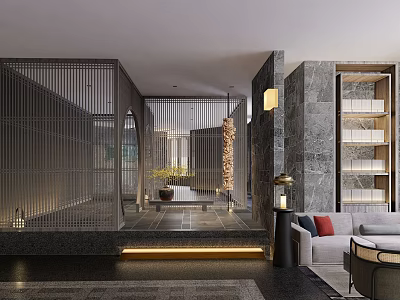 Elevator Hallway With Modern Design Metal Grille Marble Wall Warm Yellow Lighting And Green Plants 3d model