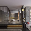 Elevator Hallway With Modern Design Metal Grille Marble Wall Warm Yellow Lighting And Green Plants