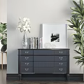 Elegant Dark Brown Entryway Cabinet Sideboard Interior With White Vase Books Photo Frame And Green Plants
