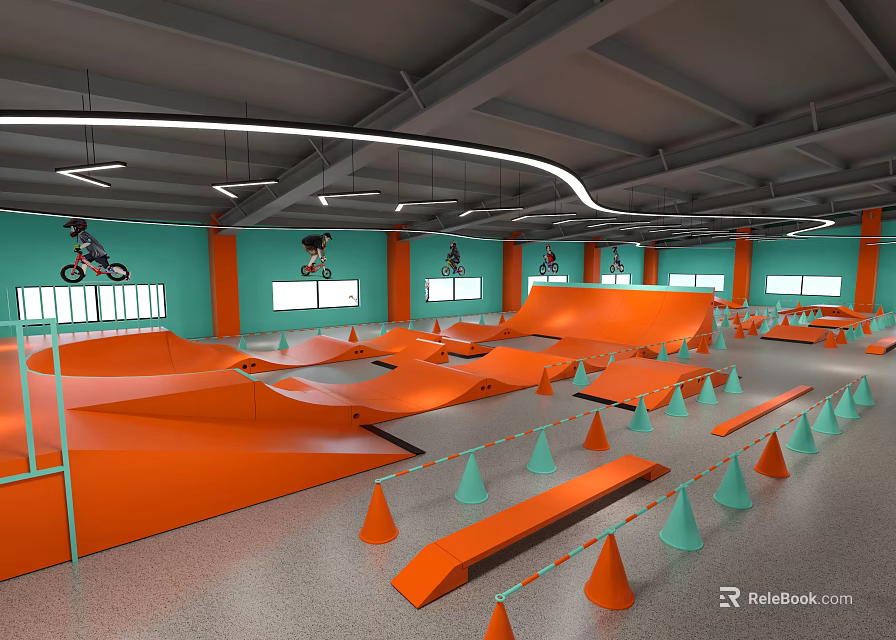 Indoor Skate Park Featuring Orange Ramps Cones Skateboarders Green Walls And Ceiling Lights 3d model 
