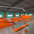 Indoor Skate Park Featuring Orange Ramps Cones Skateboarders Green Walls And Ceiling Lights