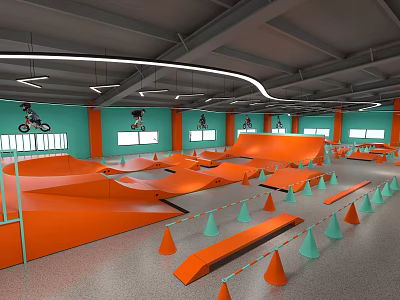 Indoor Skate Park Featuring Orange Ramps Cones Skateboarders Green Walls And Ceiling Lights 3d model