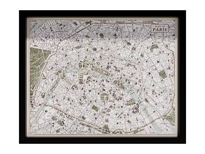 Vintage Paris City Map Framed Wall Art With Detailed Streets And Black Frame 3d model