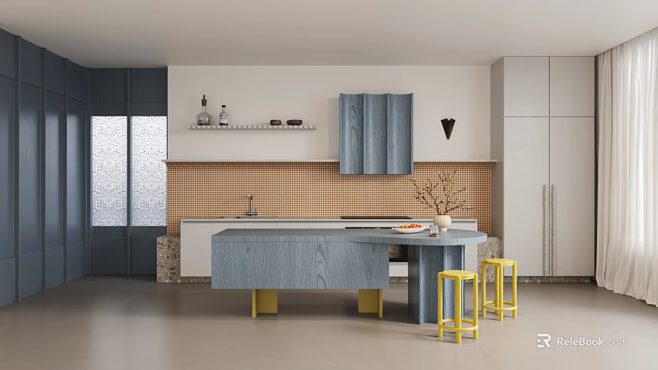 Modern Kitchen Interior With Island Counter Blue Cabinets Yellow Stools And Tile Backsplash 3d model 