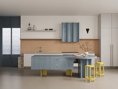 Modern Kitchen Interior With Island Counter Blue Cabinets Yellow Stools And Tile Backsplash 3d model
