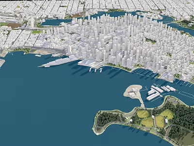 Urban City Birds Eye View Planning with High Rise Buildings Waterfront Marinas and Green Spaces 3d model