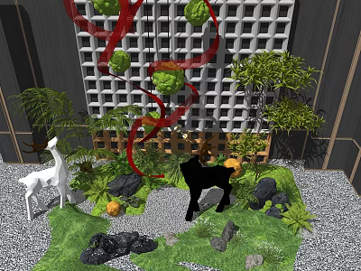 Garden Landscape Design With Green Plants Deer Statues Red Ribbons And Rock Formations 3d model