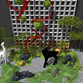 Garden Landscape Design With Green Plants Deer Statues Red Ribbons And Rock Formations