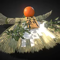 Traditional Garden Ornament With Straw Base Orange Fruit Green Leaves And Fortune Character