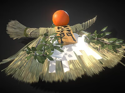 Traditional Garden Ornament With Straw Base Orange Fruit Green Leaves And Fortune Character 3d model