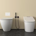 Modern White Smart Toilet With Bidet Sprayer Trash Bin And Toilet Paper Holder On Beige Wall Dark Floor