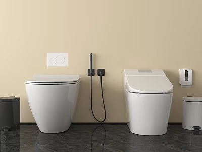 Modern White Smart Toilet With Bidet Sprayer Trash Bin And Toilet Paper Holder On Beige Wall Dark Floor 3d model