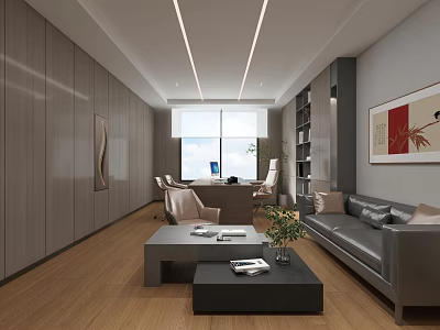 Modern Office Interior With Wooden Walls Large Windows Desk Sofa And Bookshelves 3d model