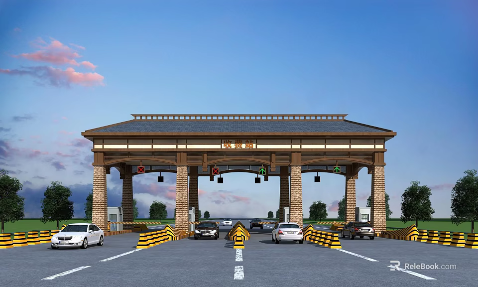 Toll Gate With Traditional Roof Design And Vehicles Passing Through Multiple Lanes 3d model 