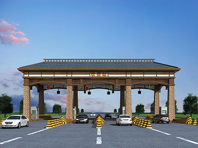 Toll Gate With Traditional Roof Design And Vehicles Passing Through Multiple Lanes 3d model